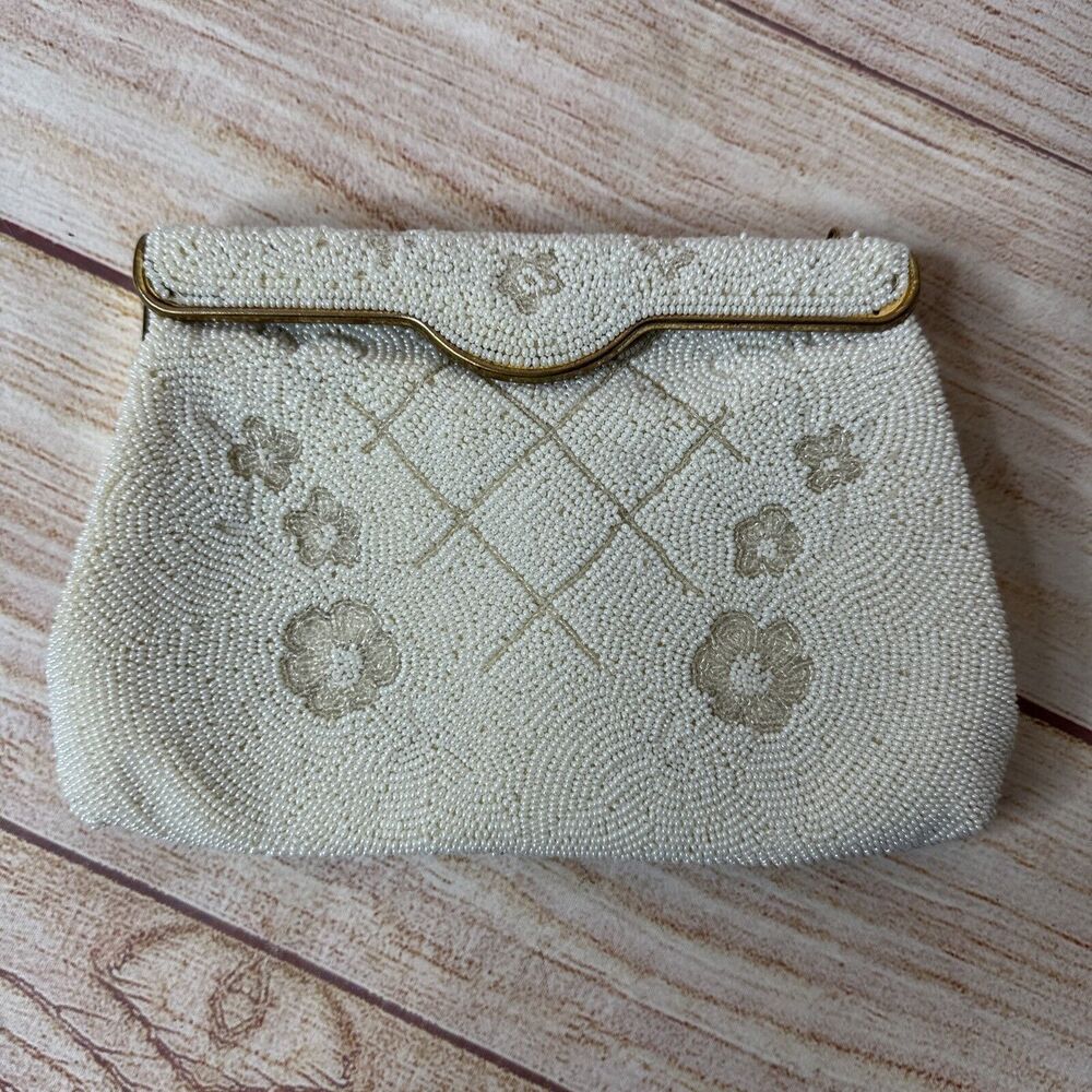 Vintage L'Argene France Handmade White French Beaded Gold Clasp Clutch Purse